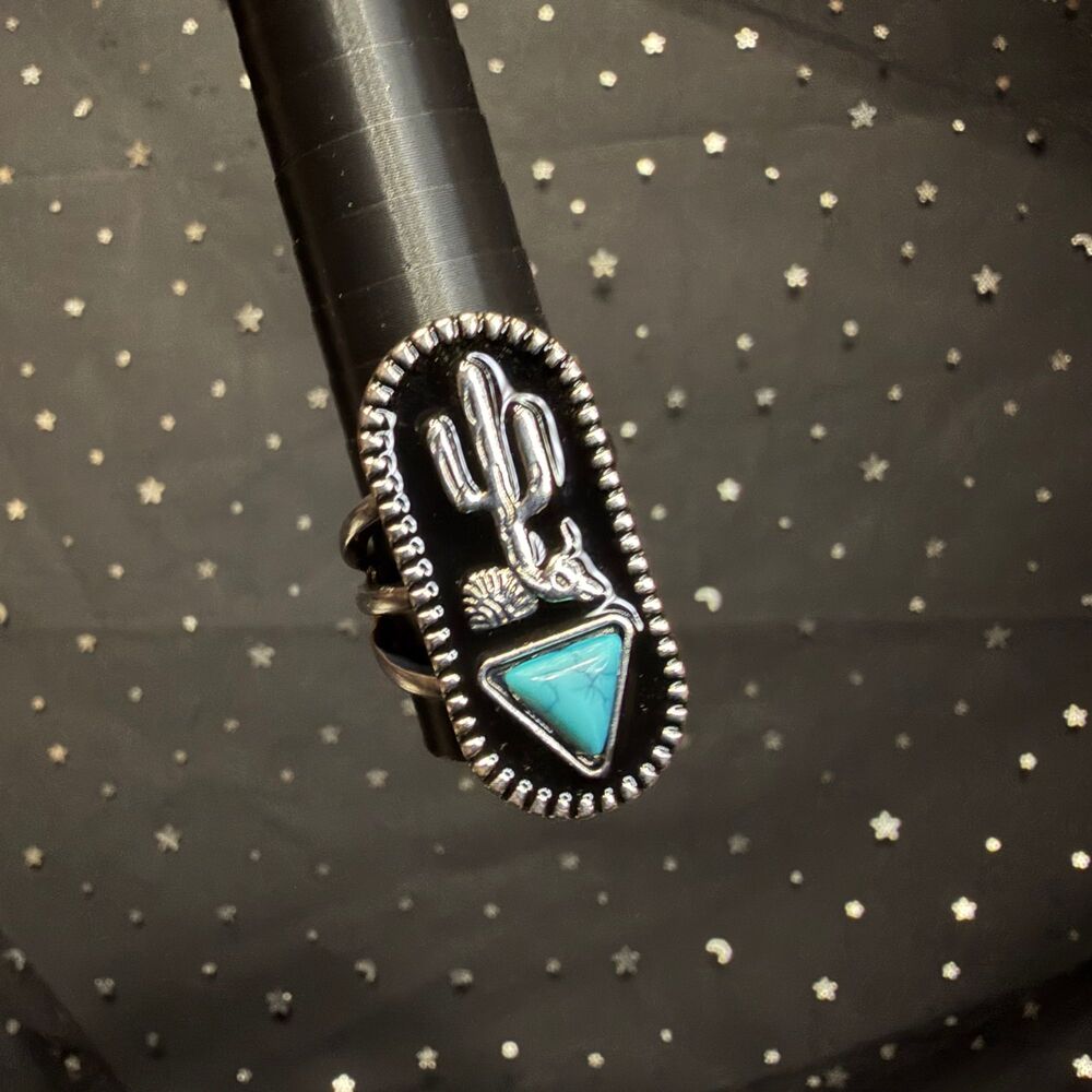 Cactus Statement Ring Size 8.25, Turquoise Color Stone Black Silver Tone Western